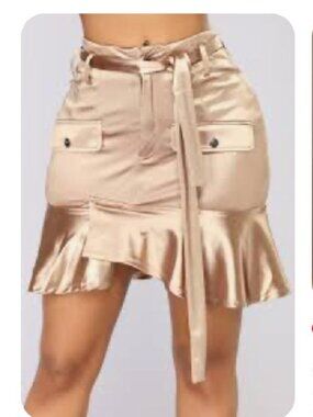 "Miss All That" Gold Satin Ruffle Mini Skirt-Size M